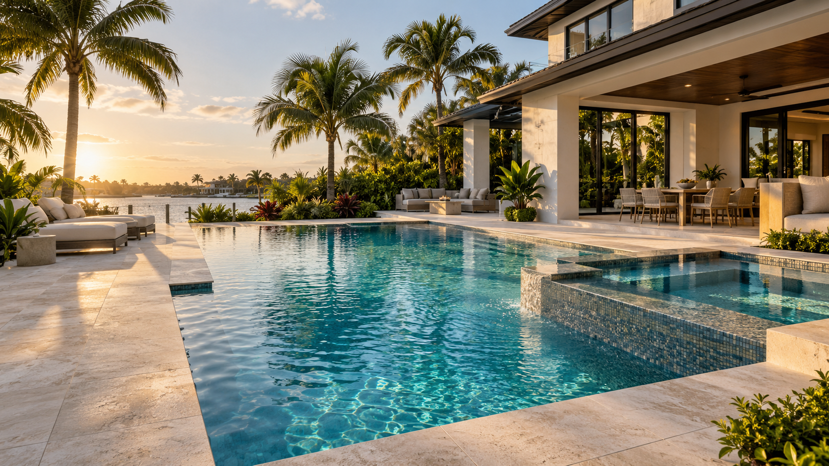 Elegant completed Florida pool with an integrated spa