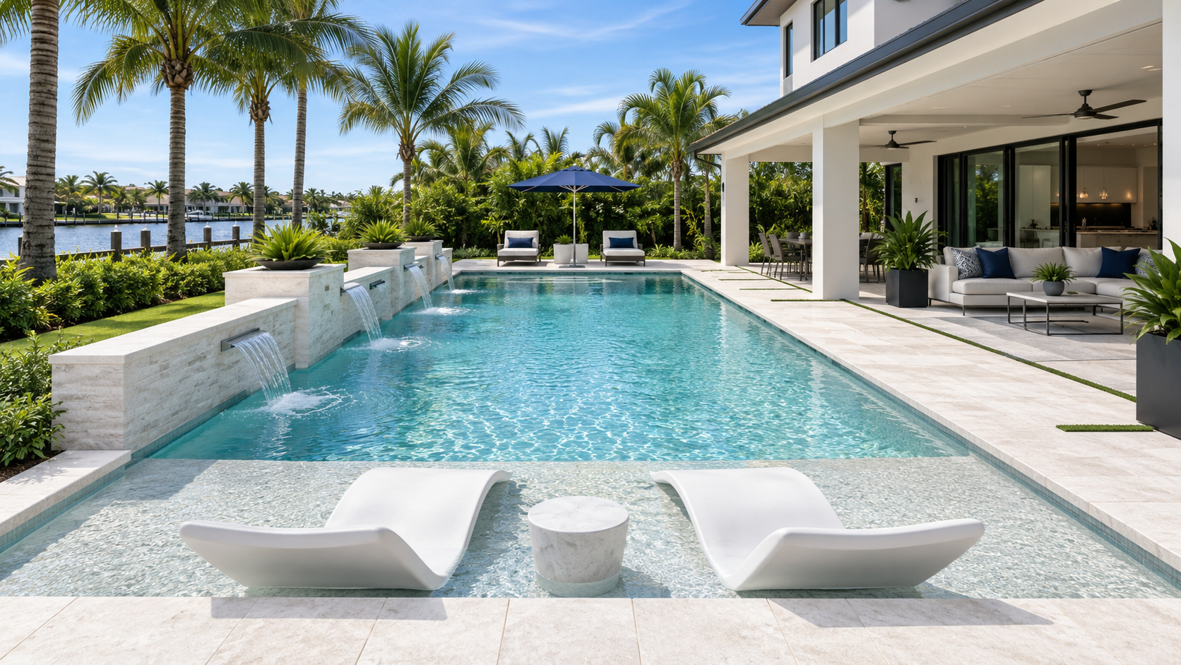 Elegant rectangular Florida pool design with a sun shelf and water features